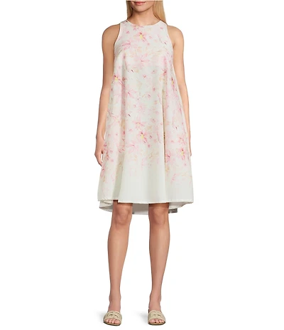 M Made In Italy Woven Gauze Peony Daisies Crew Neck Sleeveless A-Line Dress