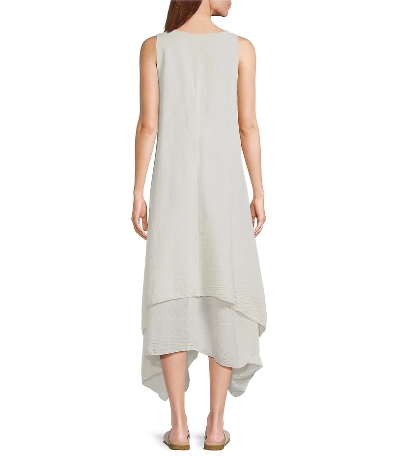 M Made in Italy Woven Gauze V-Neck Sleeveless Layered Shark Bite Hem Drawstring Ruched Side Sun Dress