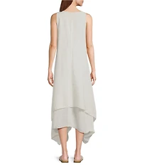 M Made in Italy Woven Gauze V-Neck Sleeveless Layered Shark Bite Hem Drawstring Ruched Side Sun Dress
