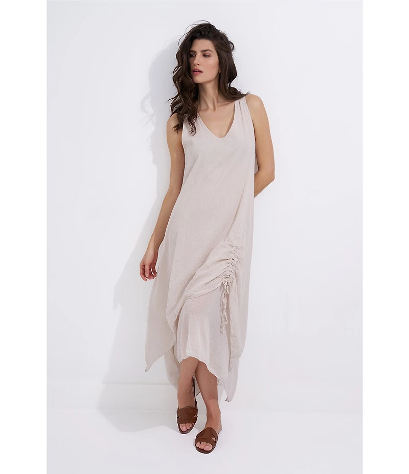 M Made in Italy Woven Gauze V-Neck Sleeveless Layered Shark Bite Hem Drawstring Ruched Side Sun Dress