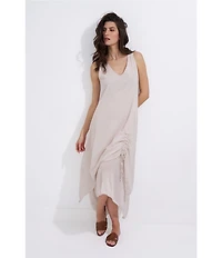 M Made in Italy Woven Gauze V-Neck Sleeveless Layered Shark Bite Hem Drawstring Ruched Side Sun Dress