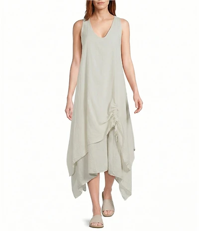 M Made in Italy Woven Gauze V-Neck Sleeveless Layered Shark Bite Hem Drawstring Ruched Side Sun Dress