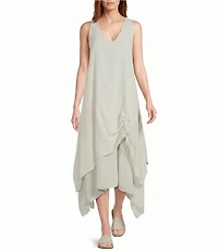 M Made in Italy Woven Gauze V-Neck Sleeveless Layered Shark Bite Hem Drawstring Ruched Side Sun Dress