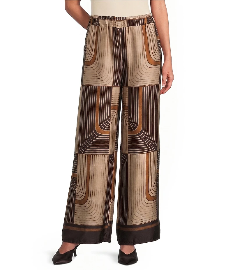 M Made in Italy Woven Geometric Print Wide Leg Ankle Length Pull On Coordinating Pants