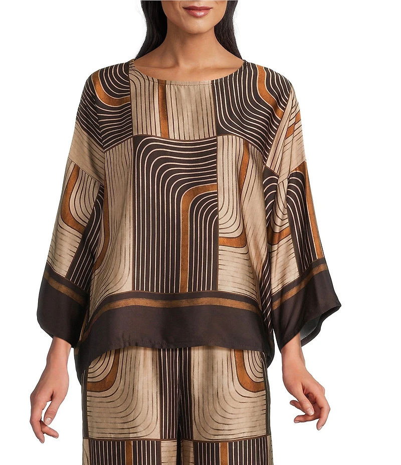 M Made in Italy Woven Geometric Print Crew Neck Long Sleeve Pullover Tunic