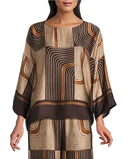 M Made in Italy Woven Geometric Print Crew Neck Long Sleeve Pullover Tunic