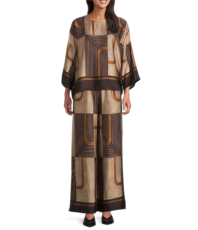M Made in Italy Woven Geometric Print Crew Neck Long Sleeve Pullover Tunic