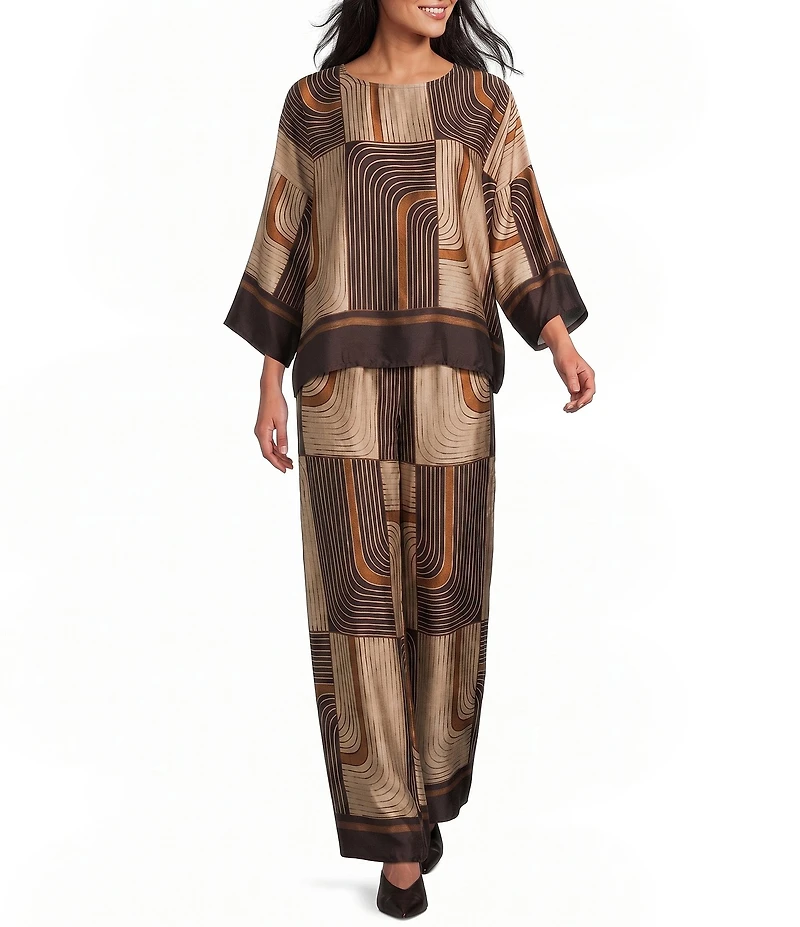 M Made in Italy Woven Geometric Print Crew Neck Long Sleeve Pullover Coordinating Tunic