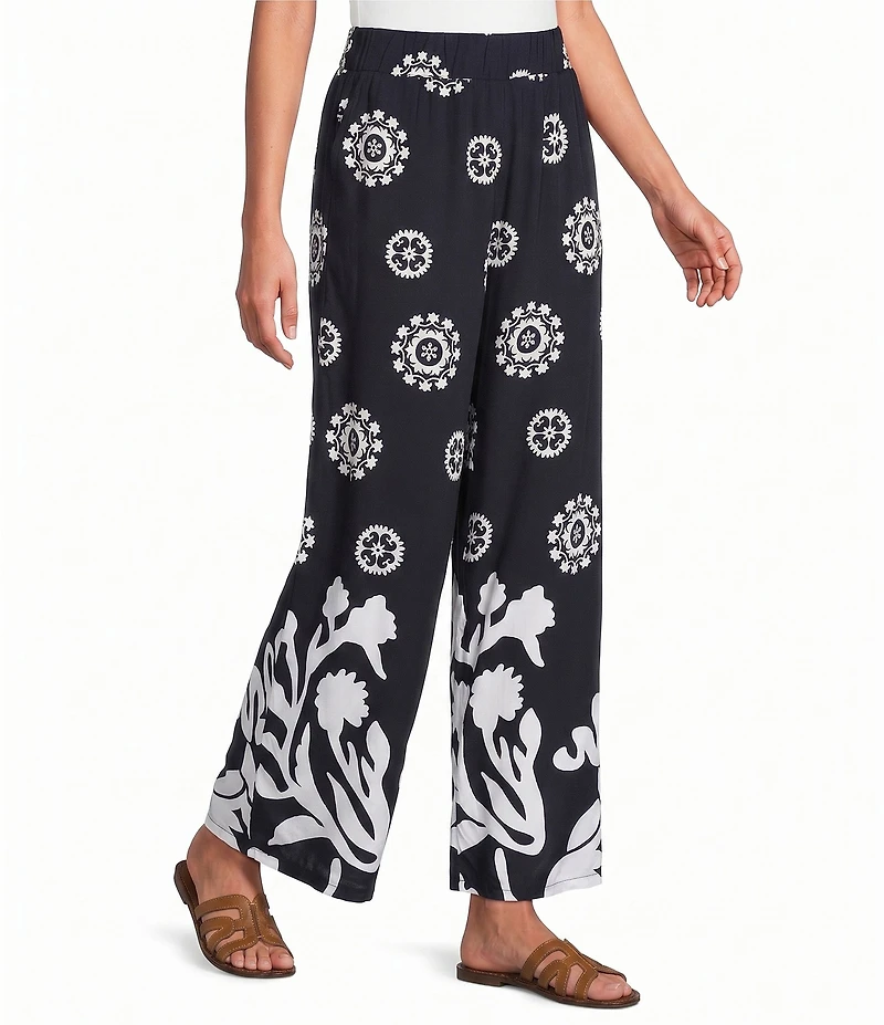 M Made in Italy Woven Mosaic Wide Leg Pull-On Pants