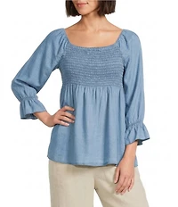 M Made In Italy Woven Off The Shoulder Smocked Long Ruffle Sleeve Tunic