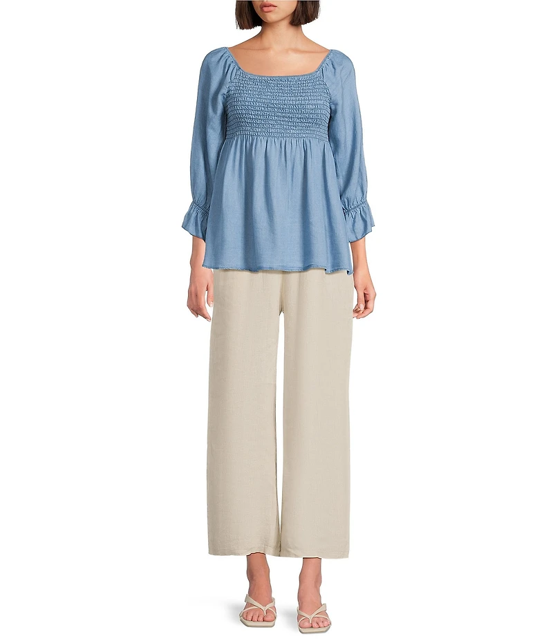 M Made In Italy Woven Off The Shoulder Smocked Long Ruffle Sleeve Tunic