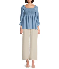 M Made In Italy Woven Off The Shoulder Smocked Long Ruffle Sleeve Tunic