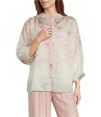 M Made In Italy Woven Peony Daisies Print Oversized Point Collar 3/4 Sleeve Button-Front Shirt