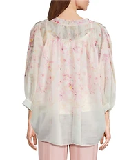 M Made In Italy Woven Peony Daisies Print Oversized Point Collar 3/4 Sleeve Button-Front Shirt