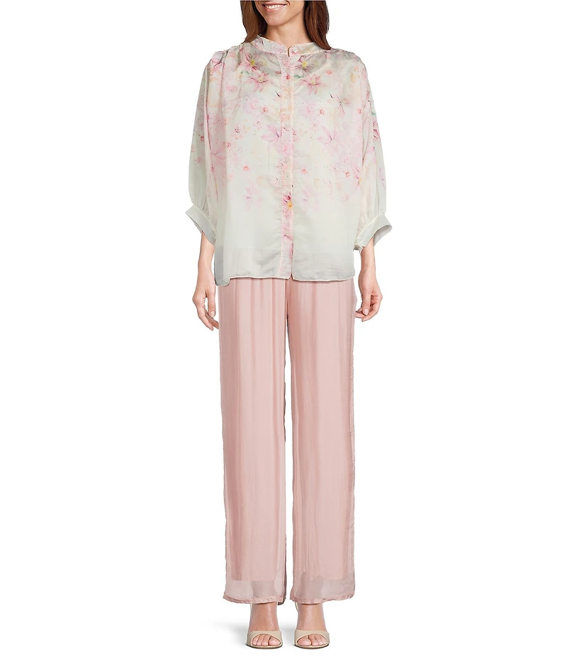 M Made In Italy Woven Peony Daisies Print Oversized Point Collar 3/4 Sleeve Button-Front Shirt