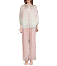 M Made In Italy Woven Peony Daisies Print Oversized Point Collar 3/4 Sleeve Button-Front Shirt