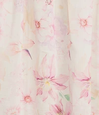 M Made In Italy Woven Peony Daisies Print Oversized Point Collar 3/4 Sleeve Button-Front Shirt