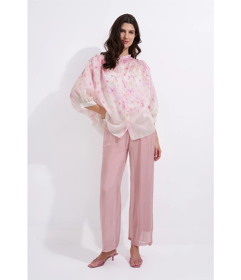 M Made In Italy Woven Peony Daisies Print Oversized Point Collar 3/4 Sleeve Button-Front Shirt