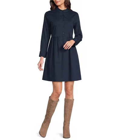 M Made in Italy Woven Poplin Band Collar Long Sleeve A-Line Dress