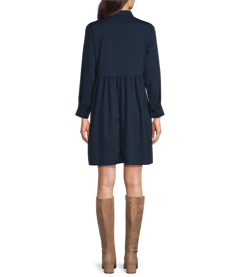 M Made in Italy Woven Poplin Band Collar Long Sleeve A-Line Dress