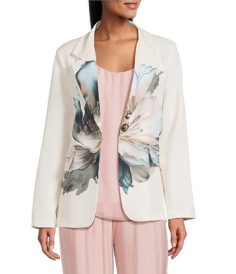 M Made in Italy Woven Printed Flower Notch Lapel Long Sleeve Single Breasted Blazer