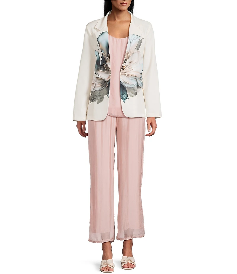 M Made in Italy Woven Printed Flower Notch Lapel Long Sleeve Single Breasted Blazer