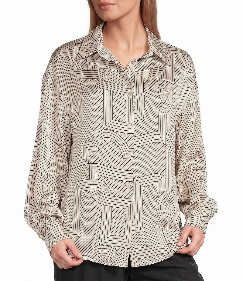 M Made in Italy Woven Satin Geometric Print Point Collar Long Sleeve Shirt