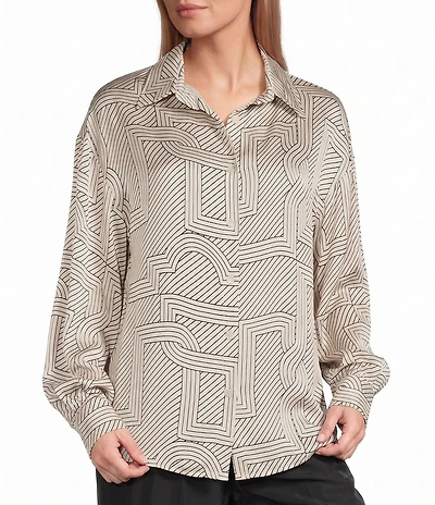 M Made in Italy Woven Satin Geometric Print Point Collar Long Sleeve Shirt