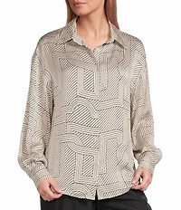 M Made in Italy Woven Satin Geometric Print Point Collar Long Sleeve Shirt
