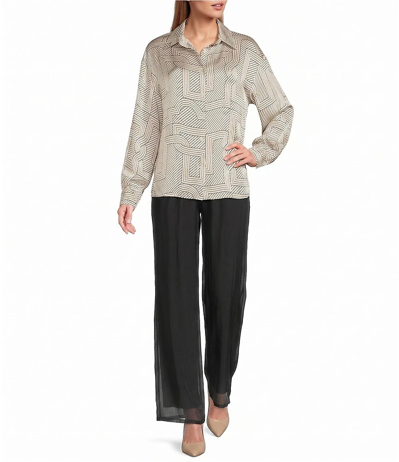 M Made in Italy Woven Satin Geometric Print Point Collar Long Sleeve Shirt