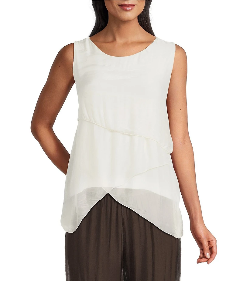 M Made in Italy Woven Silk Crew Neck Sleeveless Tank