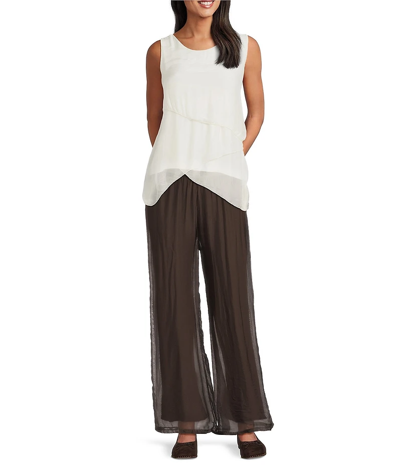 M Made in Italy Woven Silk Crew Neck Sleeveless Tank