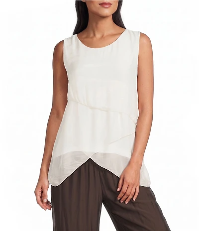 M Made in Italy Woven Silk Crew Neck Sleeveless Tank