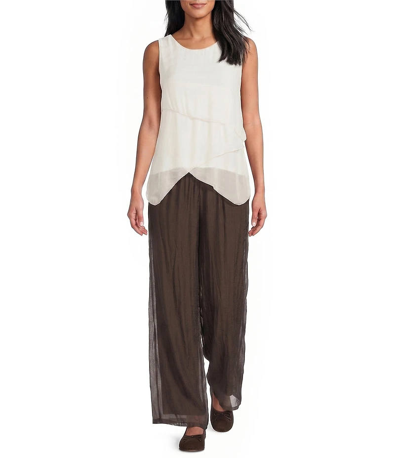M Made in Italy Woven Silk Crew Neck Sleeveless Tank