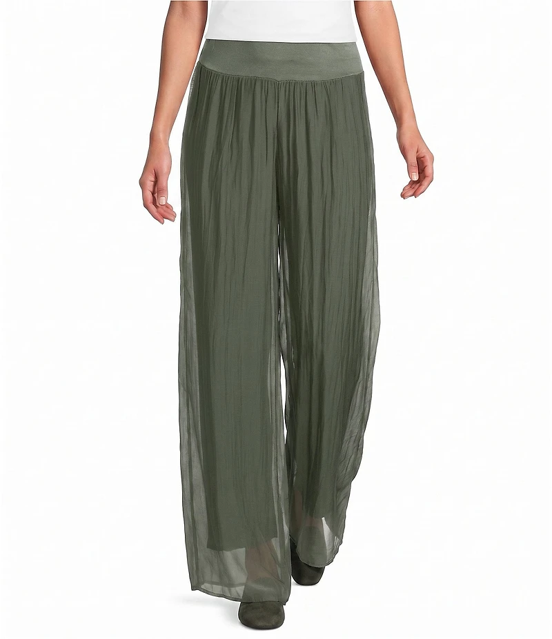 M Made in Italy Woven Silk Wide Leg Ankle Length Pull-On Coordinating Pants