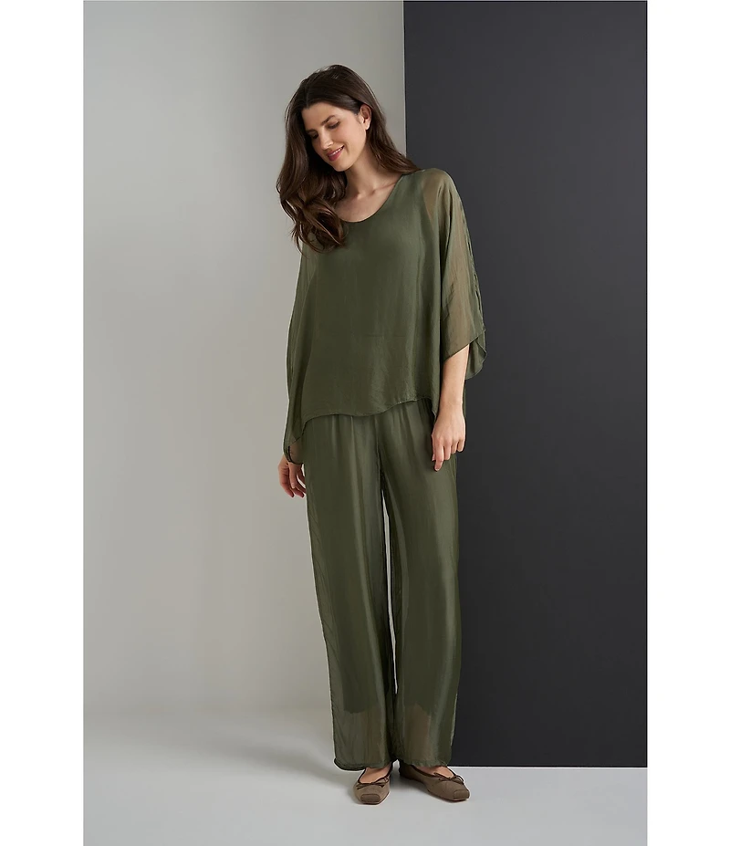 M Made in Italy Woven Silk Wide Leg Ankle Length Pull-On Coordinating Pants
