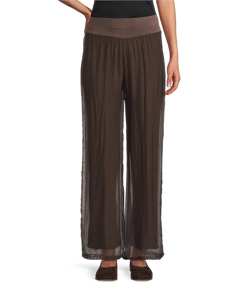 M Made in Italy Woven Silk Wide Leg Crop Length Pull On Pants