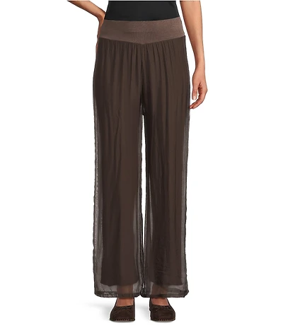 M Made in Italy Woven Silk Wide Leg Crop Length Pull On Pants