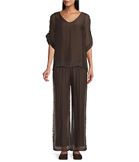 M Made in Italy Woven Silk Wide Leg Crop Length Pull On Pants