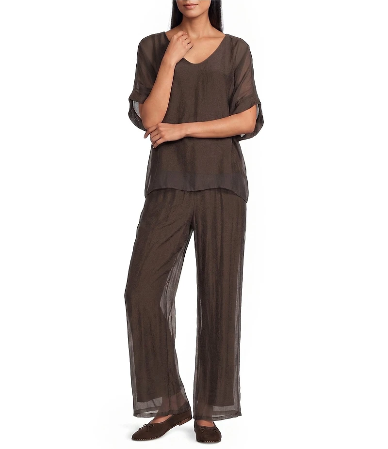 M Made in Italy Woven Silk Wide Leg Crop Length Pull-On Coordinating Pants