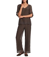 M Made in Italy Woven Silk Wide Leg Crop Length Pull-On Coordinating Pants