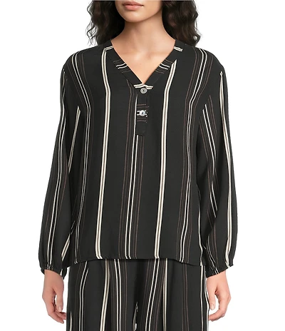 M Made in Italy Woven Stripe V-Neck Long Sleeve Tunic
