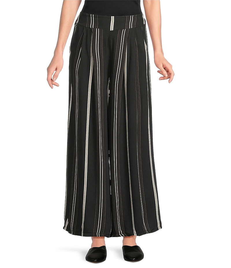 M Made in Italy Woven Stripe Wide Leg Crop Length Pull-On Coordinating Pants