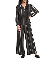 M Made in Italy Woven Stripe Wide Leg Ankle Length Pull-On Coordinating Pants