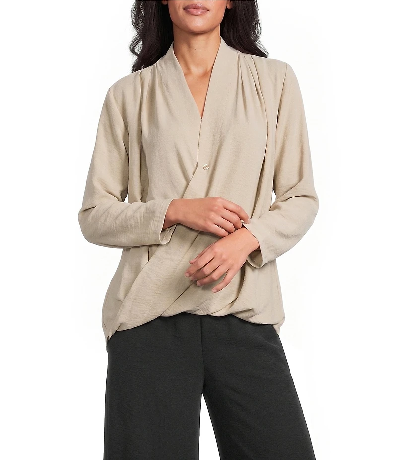 M Made in Italy Woven V-Neck Long Sleeve Twisted Front Scooped Pleated Back Tunic