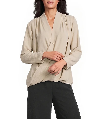 M Made in Italy Woven V-Neck Long Sleeve Twisted Front Scooped Pleated Back Tunic