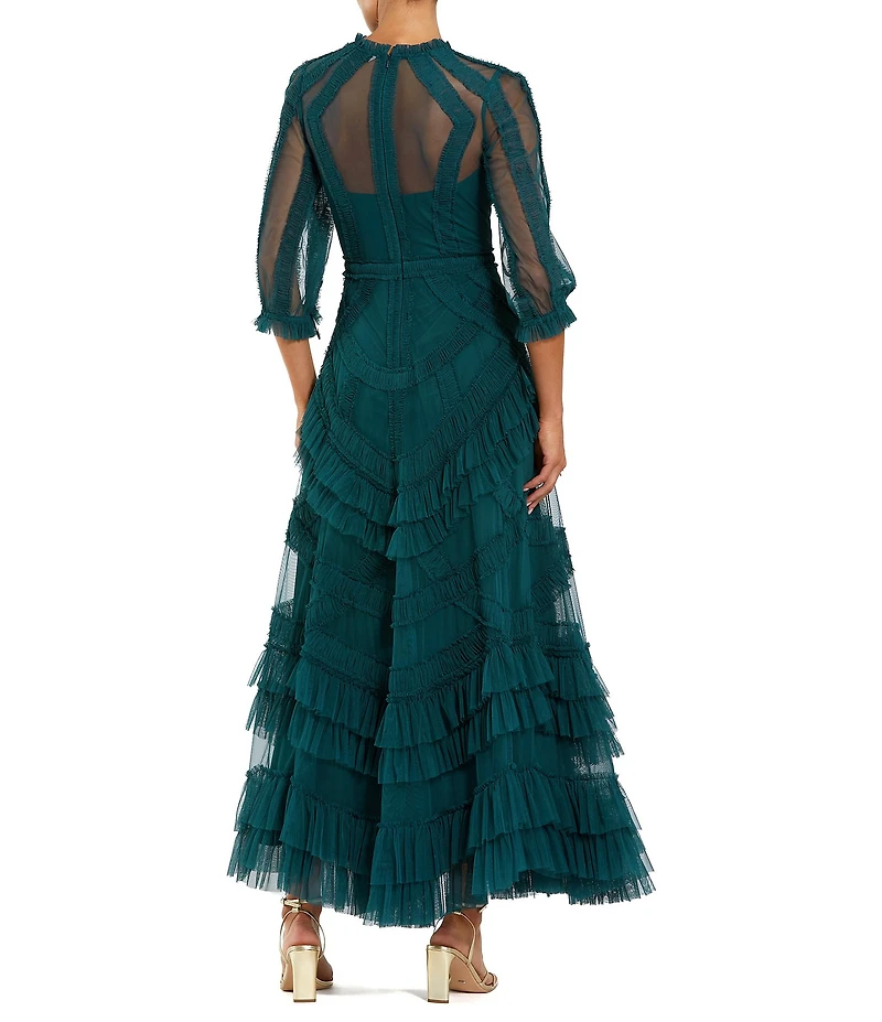 Mac Duggal 3/4 Puff Sleeve Mesh Micro Ruffle Long Gown