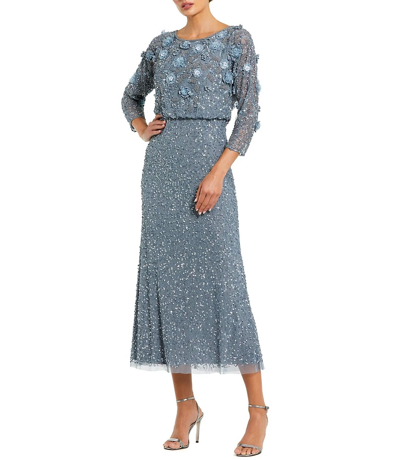 Mac Duggal 3/4 Sleeve Beaded Blouson Midi Dress