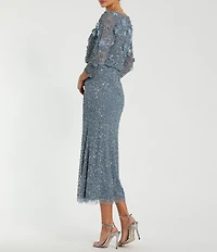 Mac Duggal 3/4 Sleeve Beaded Blouson Midi Dress