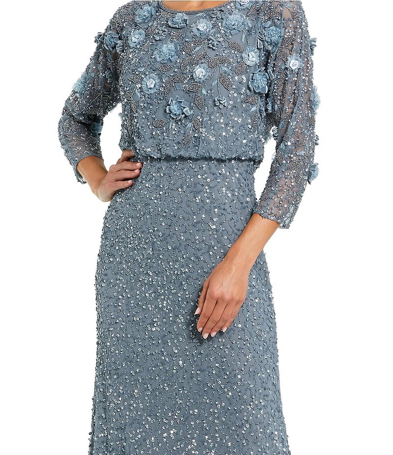 Mac Duggal 3/4 Sleeve Beaded Blouson Midi Dress